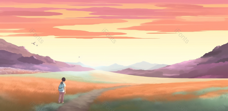 一个孩子正在草原上徒步旅行,插画/手绘图,插画/手绘图库,插画/手绘图下载,插画/手绘